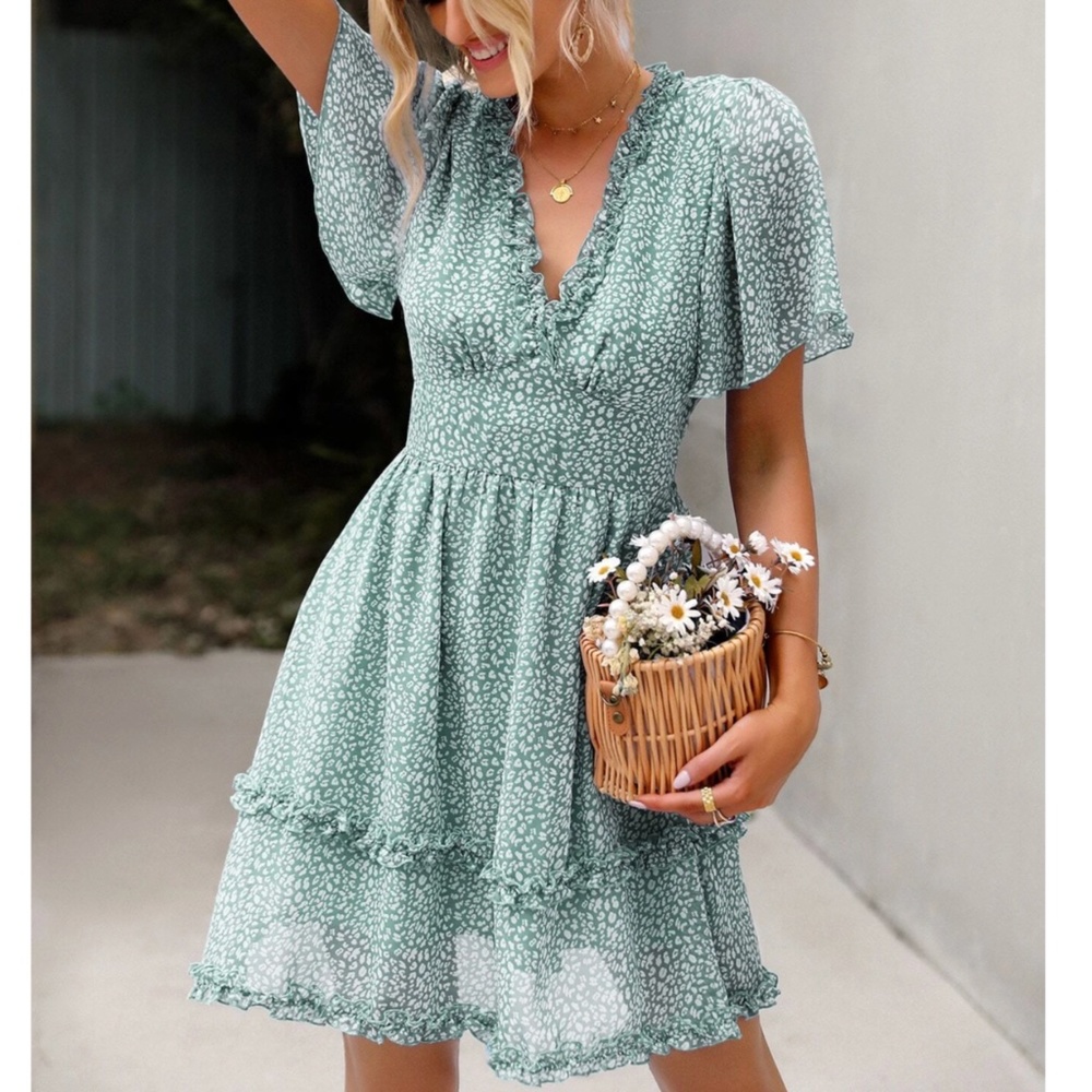 Floral Green Dress Summer V-Neck Short Mini - Picture 1 of 6